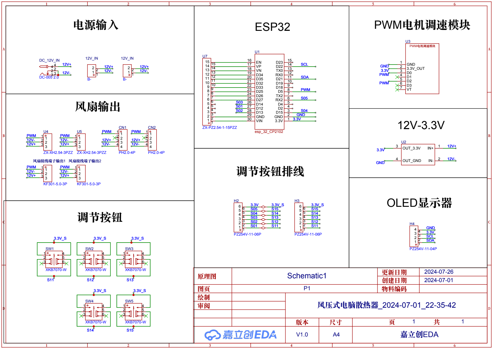Fan power and PWM connections on the ESP32 controller schematic / ESP32 控制板原理图中的风扇电源与 PWM 接口